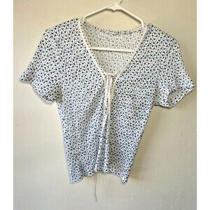 White Blue Floral Knit V-Neck Front Lace Up Trim Top Y2K Womens Shirt Size M